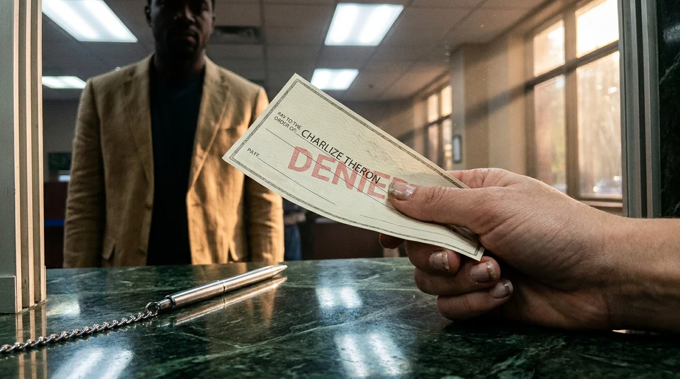 A first-person view of a hand holding a denied check at a marble bank counter, with a talent agent visible in the blurred background.