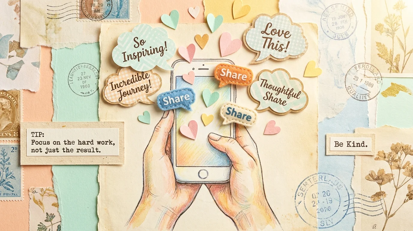 A friendly collage showing a smartphone with paper hearts and speech bubbles about sharing celebrity stories with kindness.