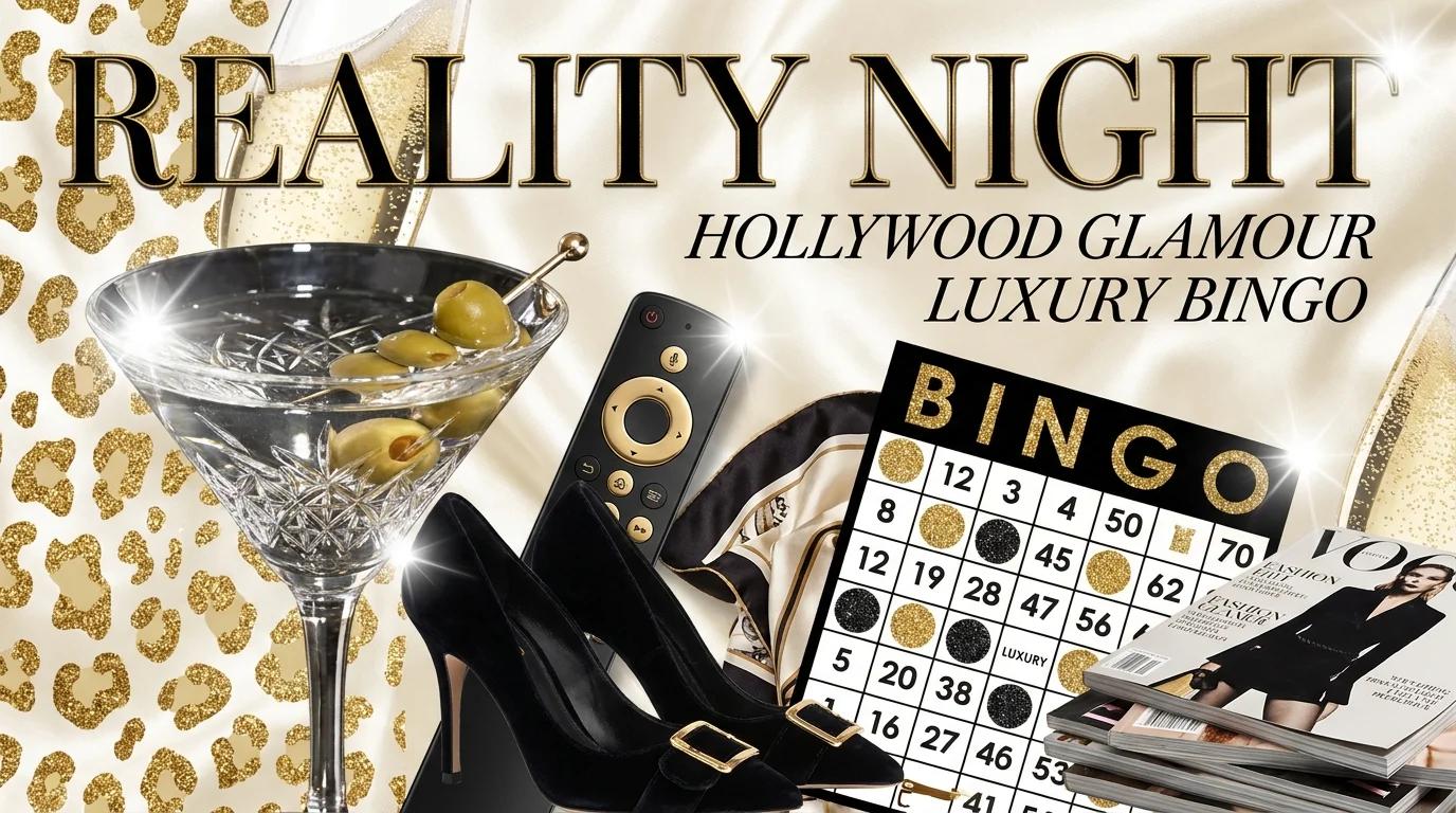 A glamorous collage with a martini, a TV remote, and a bingo card against a gold leopard print background.