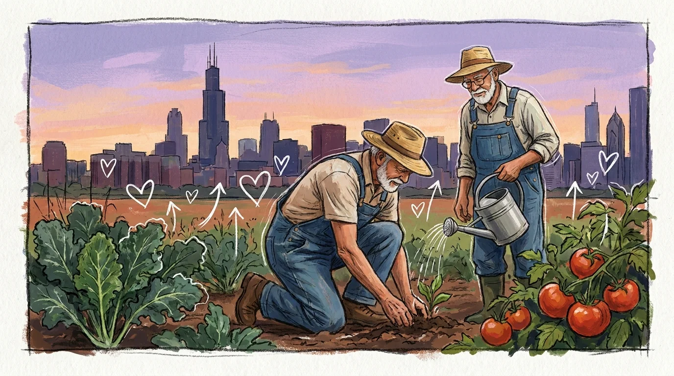 A gouache illustration of two senior men gardening in an urban setting with the Chicago skyline in the background.
