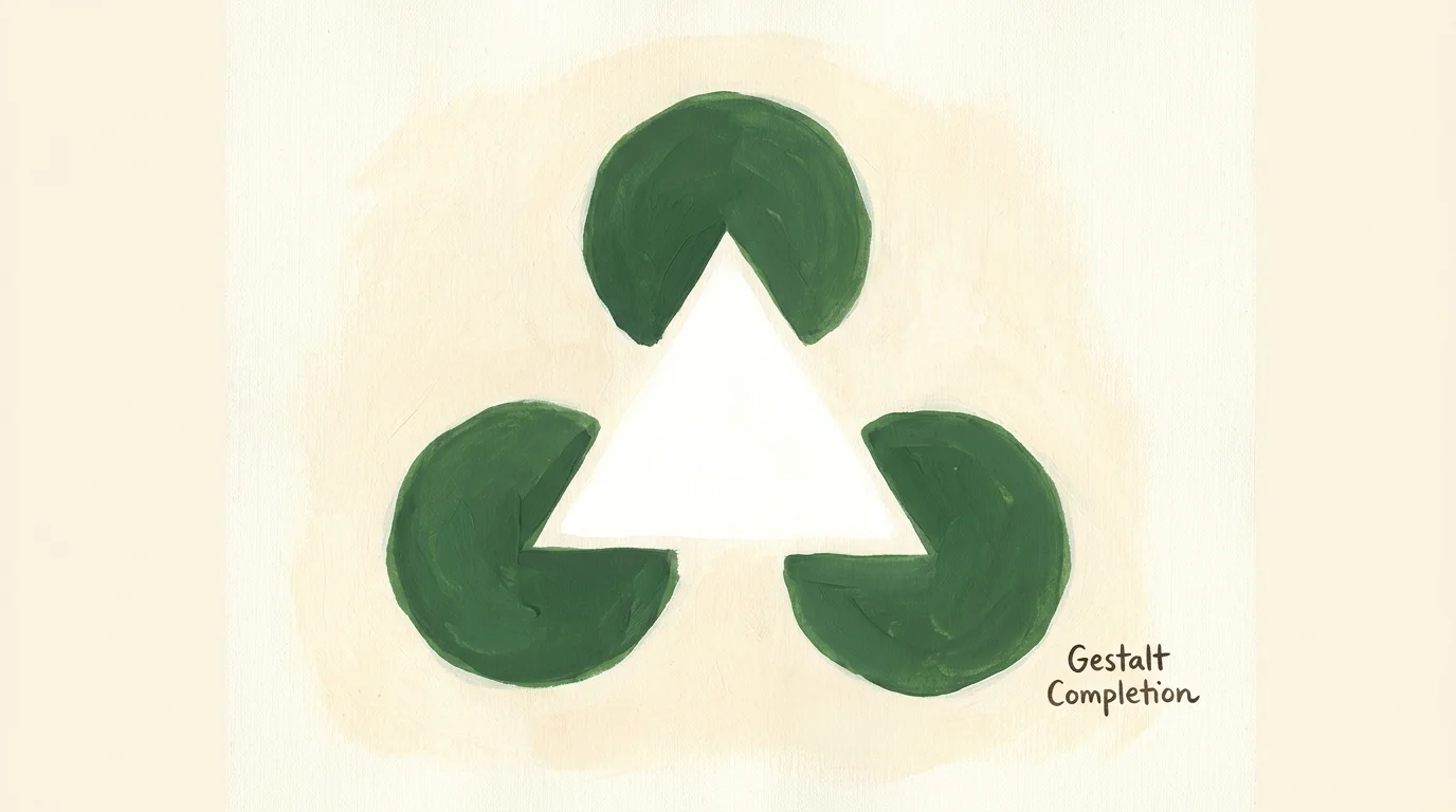 A gouache illustration showing three green circular shapes that create the illusion of a white triangle in the center.