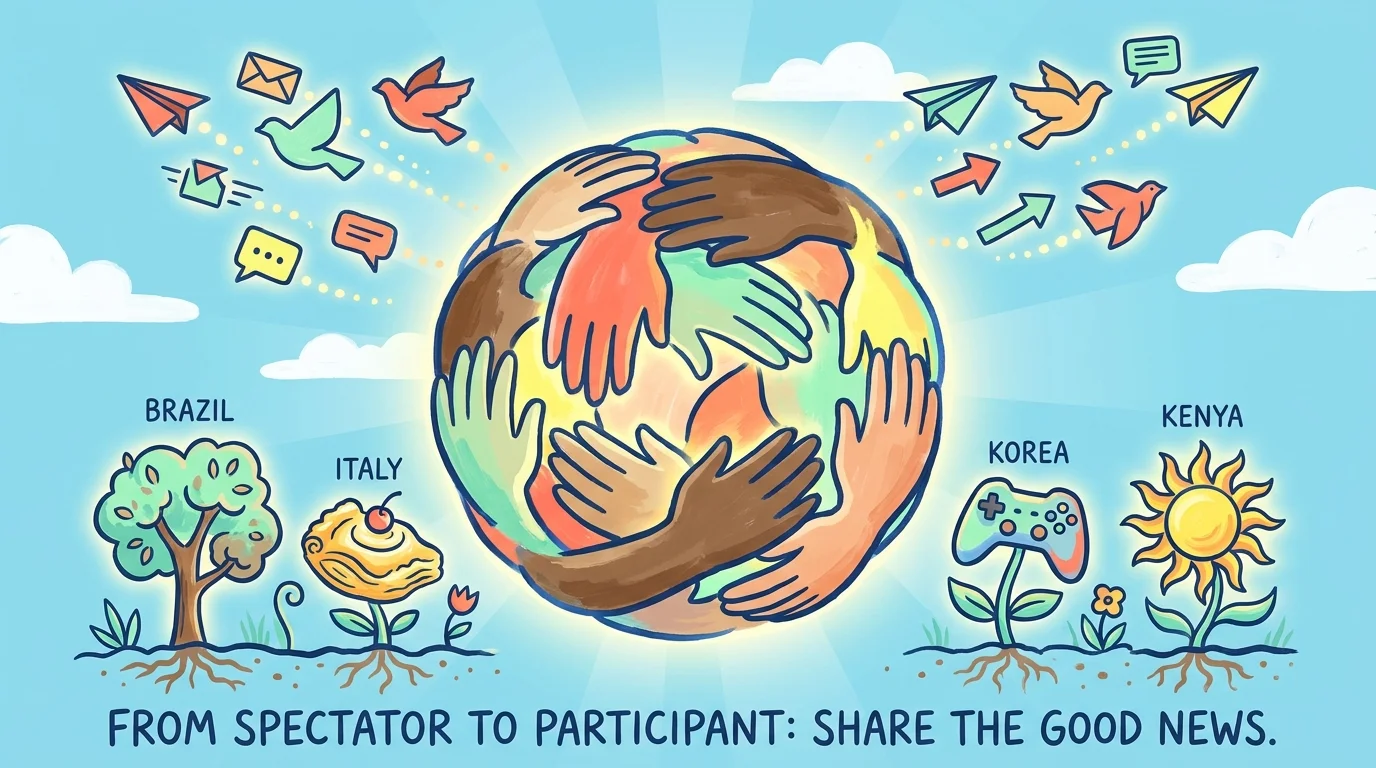 A graphic illustration of a globe made of hands with small symbols of the 10 viral stories growing from the ground below.