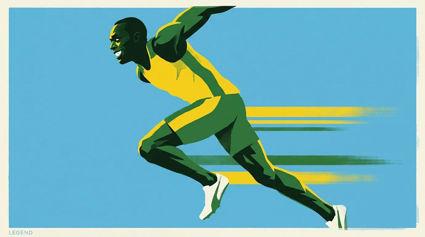 A graphic screenprint of a sprinter in yellow and green looking back with a smile while running at high speed.
