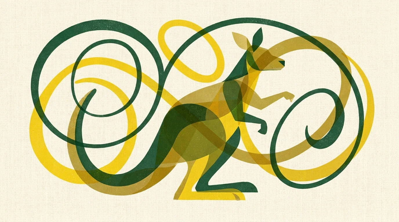 A green and gold abstract illustration of a breakdancer in a unique, kangaroo-inspired pose.