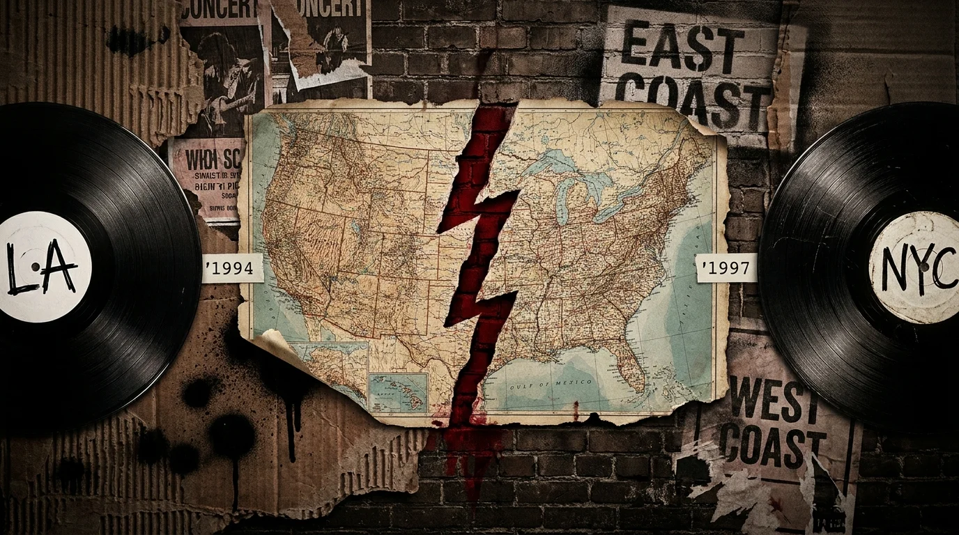 A gritty collage featuring a torn map of the US with vinyl records labeled LA and NYC, representing the East Coast-West Coast rivalry.