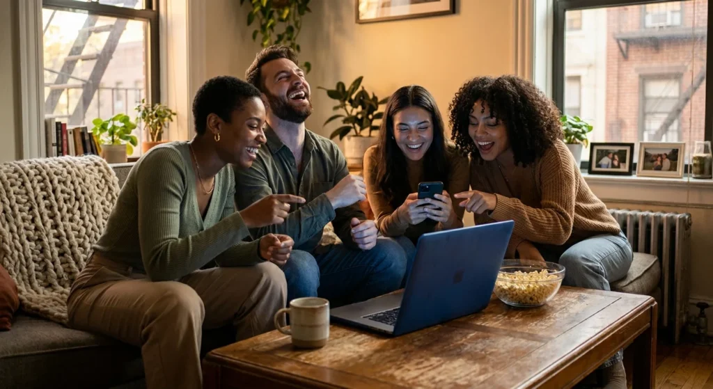 A group of friends laughing and looking at a laptop in a cozy apartment, illuminated by the screen's glow during sunset.