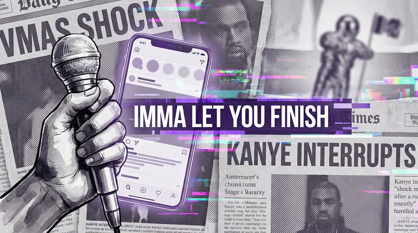 A hand holding a silver microphone next to a digital screen displaying the phrase 'Imma let you finish' in a colorful collage style.
