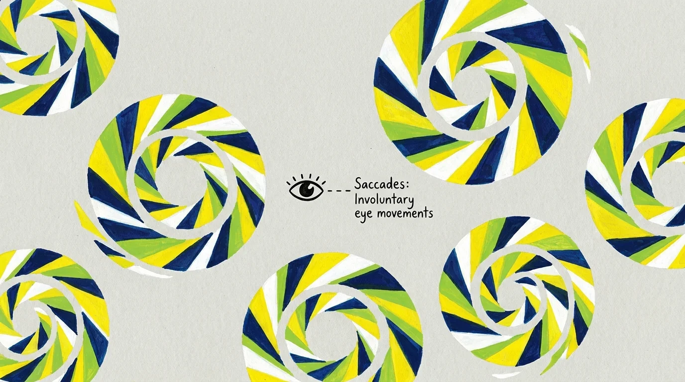A hand-painted gouache illustration of circular geometric patterns that appear to move when viewed in the periphery.