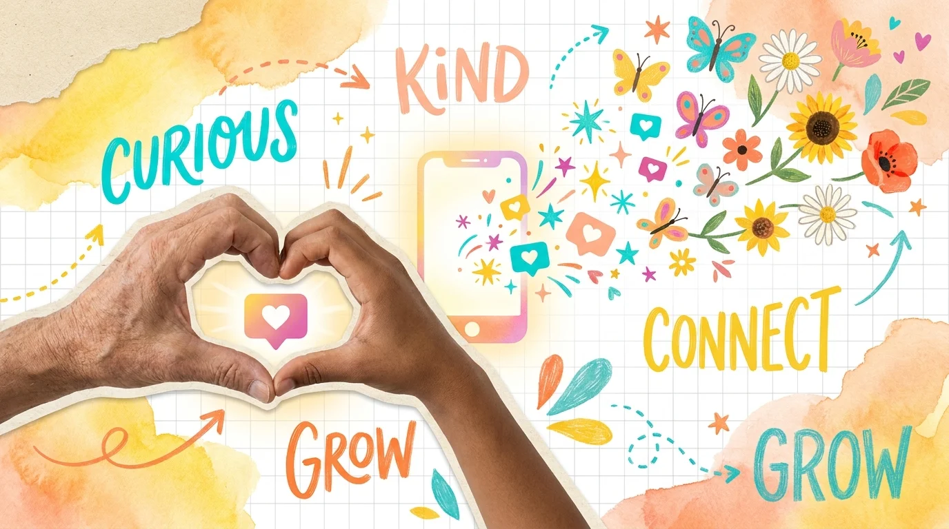 A heart made of hands around a smartphone with colorful icons flying out, symbolizing digital kindness and curiosity.