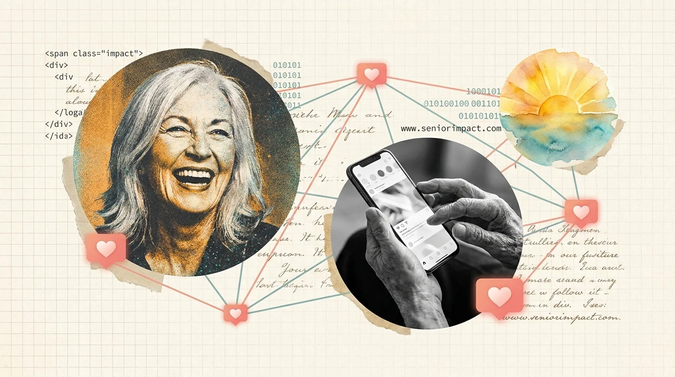 A heartwarming mixed media collage featuring textures of senior life, digital connectivity icons, and a warm, celebratory color palette.