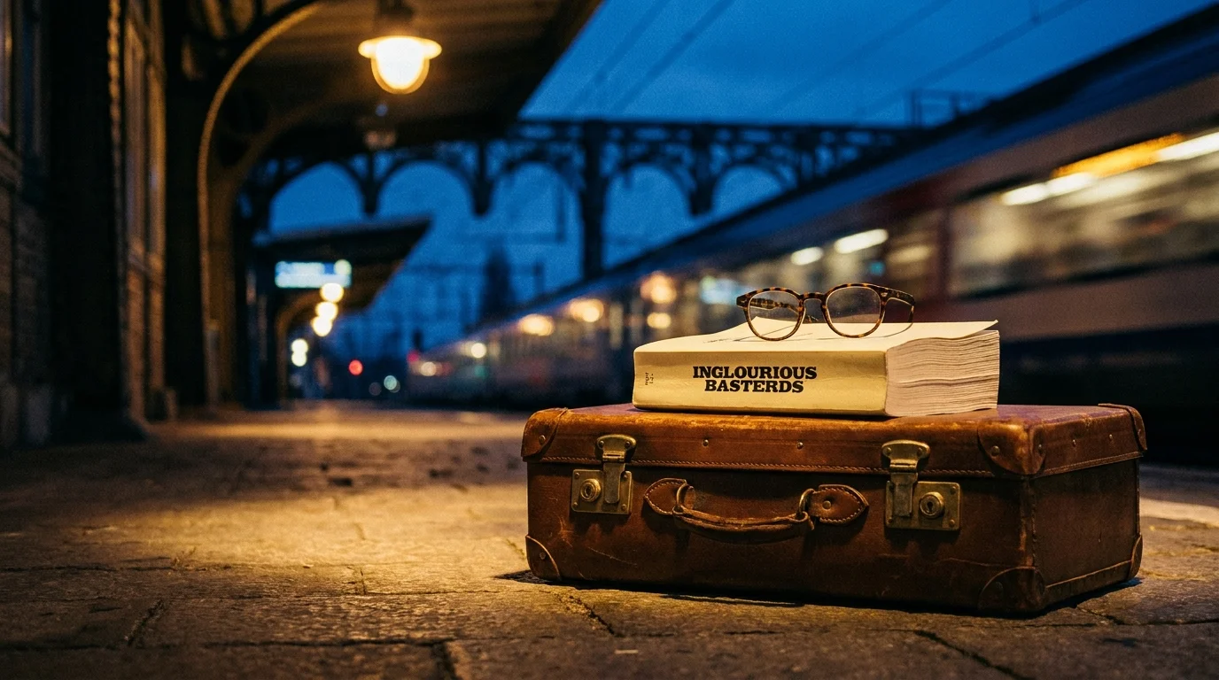 A leather suitcase on a train station platform with a script titled Inglourious Basterds on top.