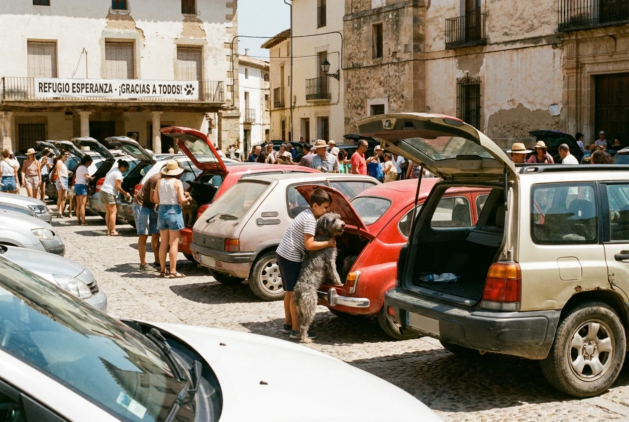A line of cars in a Spanish town square with people loading rescue dogs into them during a sunny day.