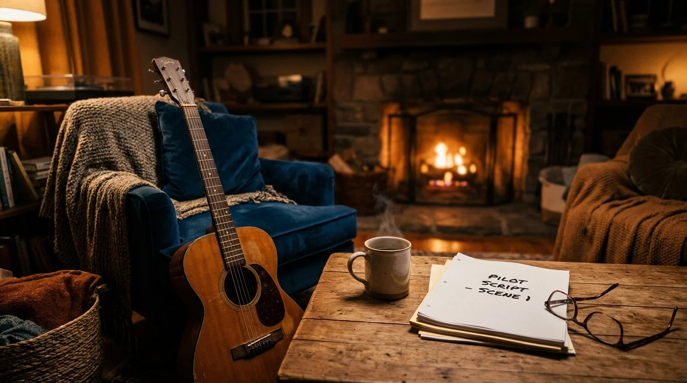 A living room scene featuring an acoustic guitar, a script, and a mug of tea under warm, cozy lighting.