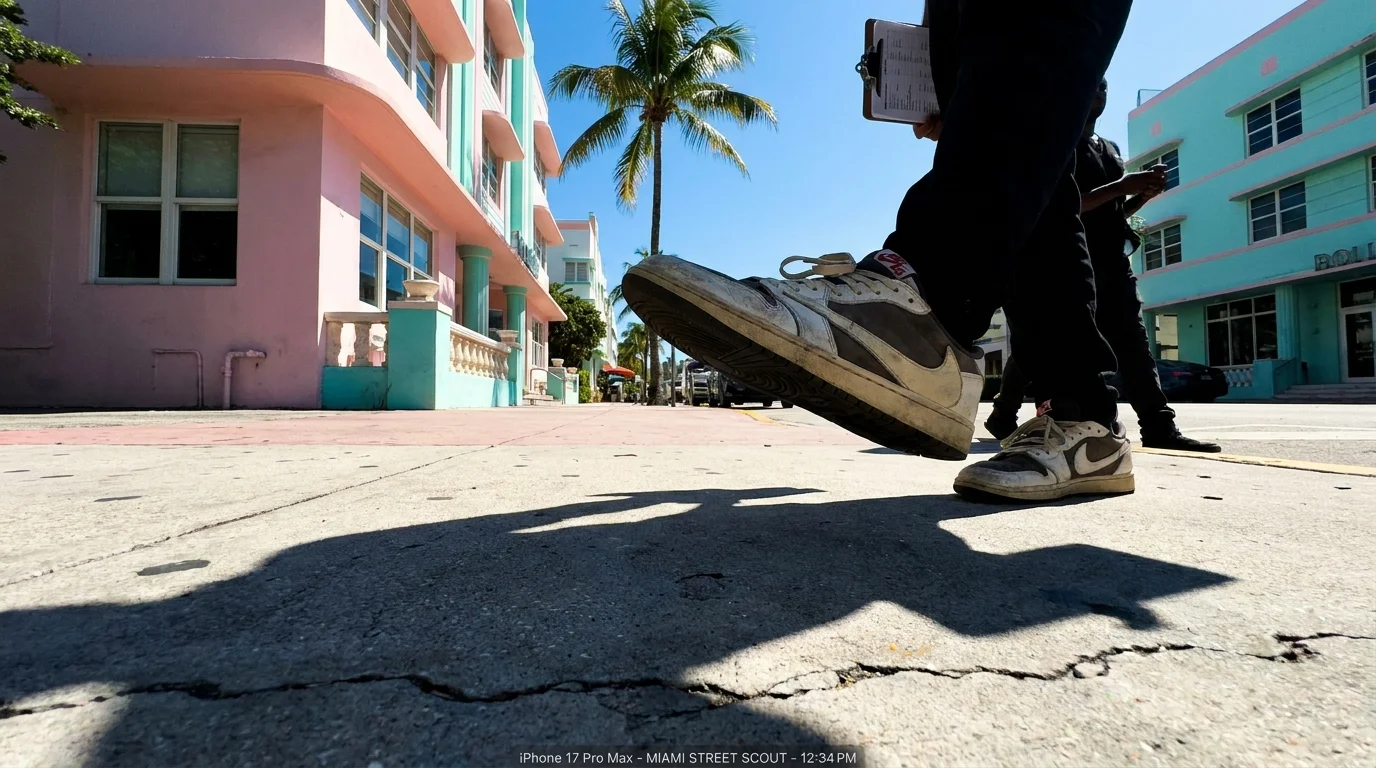 A low-angle photo of sneakers on a bright Miami sidewalk as a shadow with a clipboard approaches.