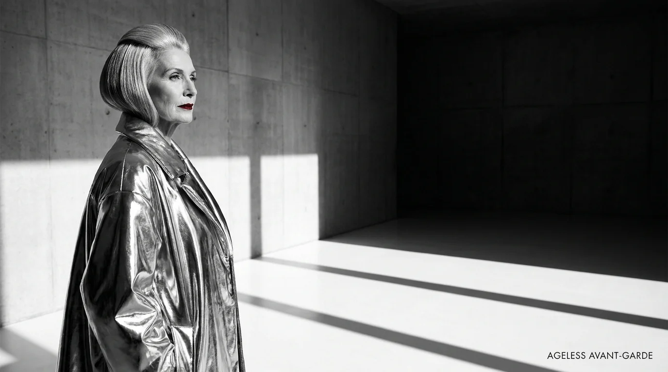A mature model in a futuristic silver coat stands in a minimalist room with dramatic geometric shadows.