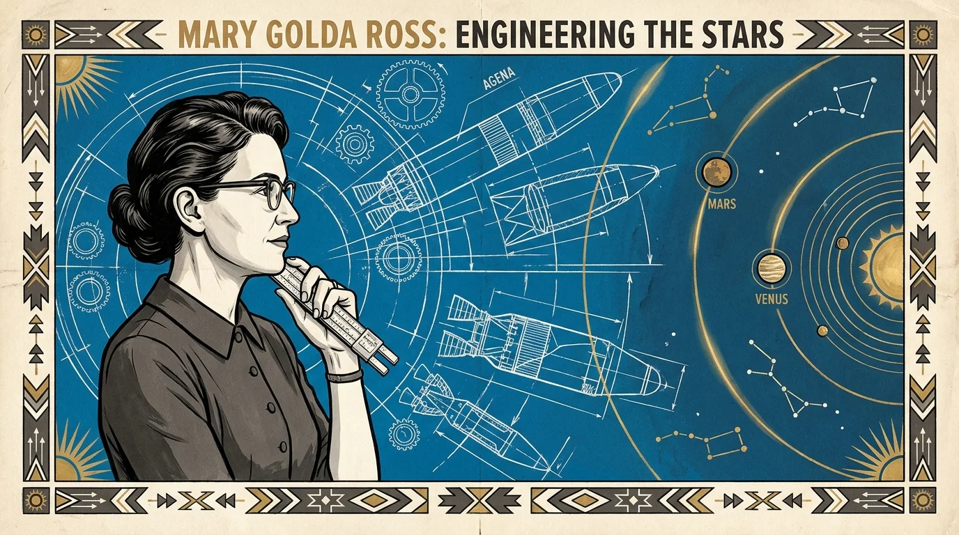 A mid-century gouache illustration of Mary Golda Ross with rocket blueprints and golden planetary orbits on a blue background.