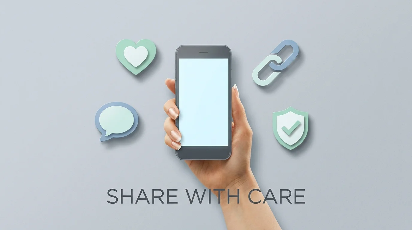 A minimalist collage of a hand holding a phone surrounded by floating icons of hearts and a checkmark shield.