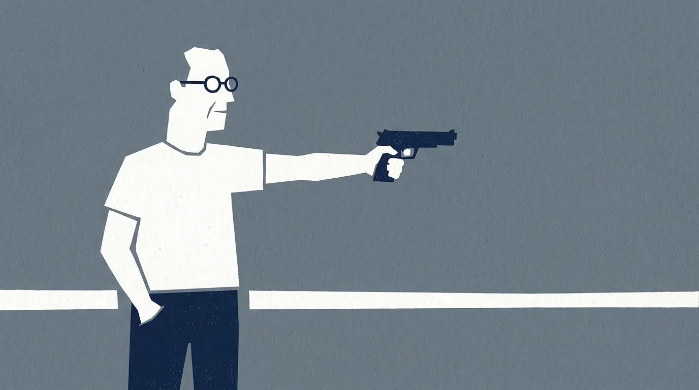 A minimalist illustration of a casual shooter in a white t-shirt with one hand in his pocket, aiming a pistol.