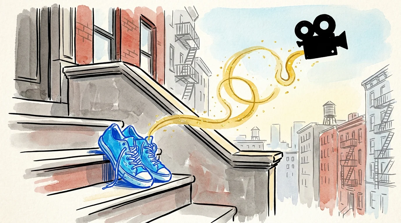 A minimalist illustration of blue sneakers on a NYC stoop with a golden trail turning into a film camera.