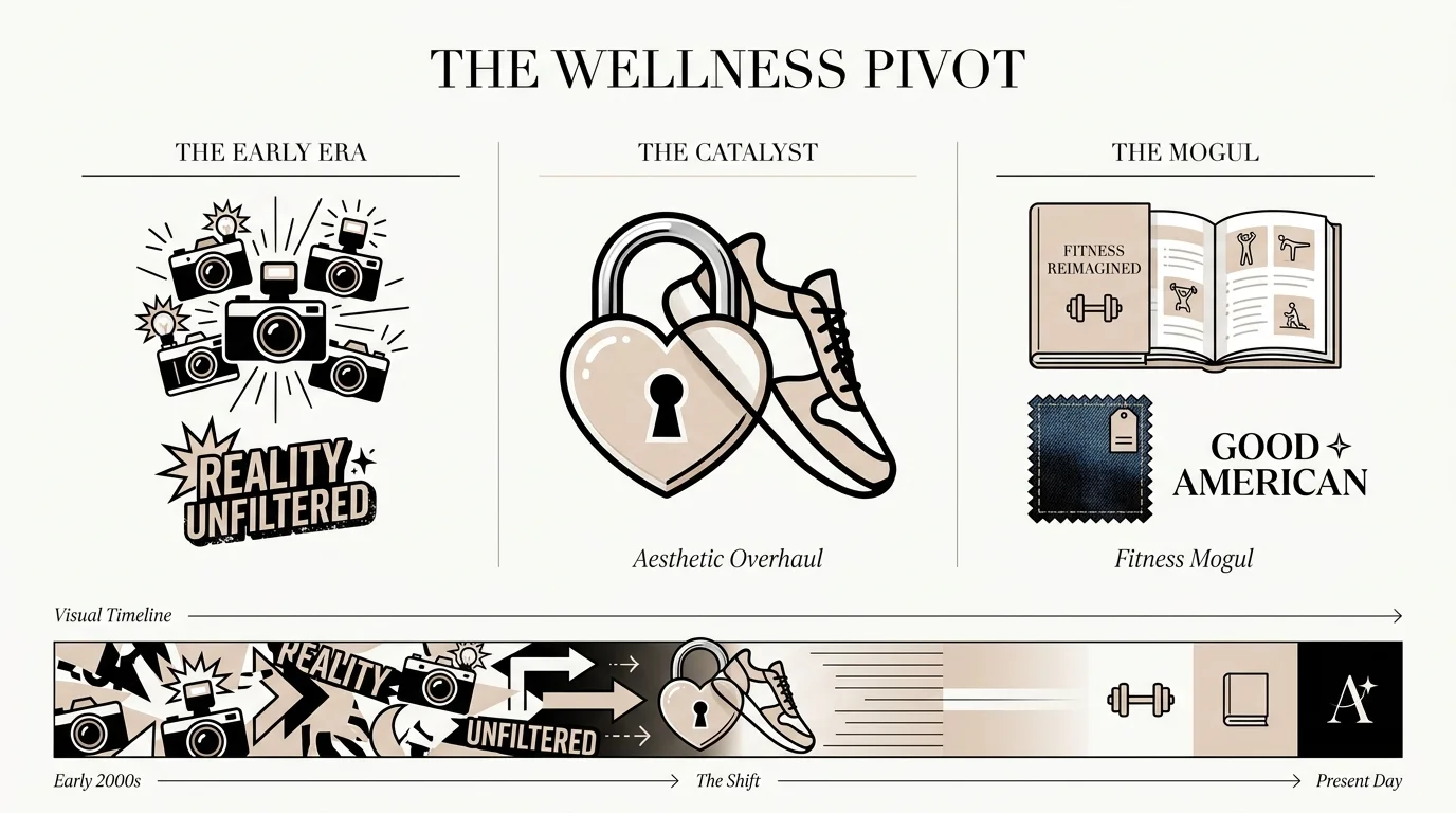 A minimalist infographic showing the transition from reality TV fame to a wellness and fitness mogul empire.