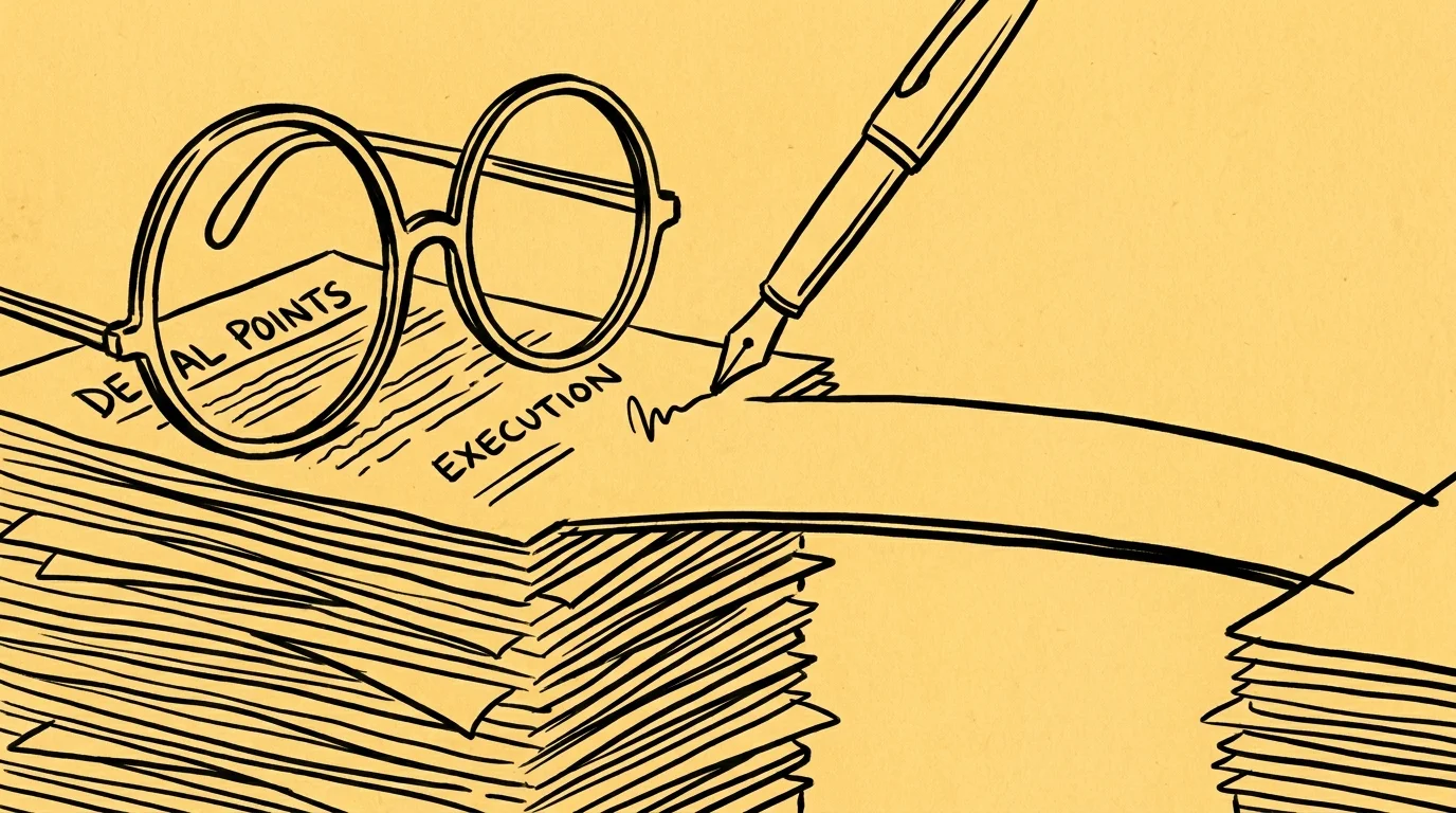 A minimalist ink drawing of glasses on legal papers with a pen acting as a bridge, representing law and negotiation.