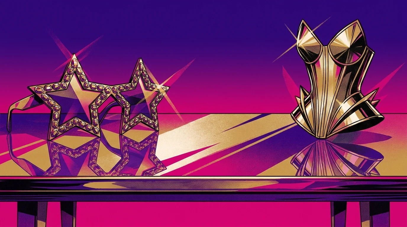 A minimalist Risograph print showing jeweled star-shaped glasses and a pointed corset facing each other on a long table.