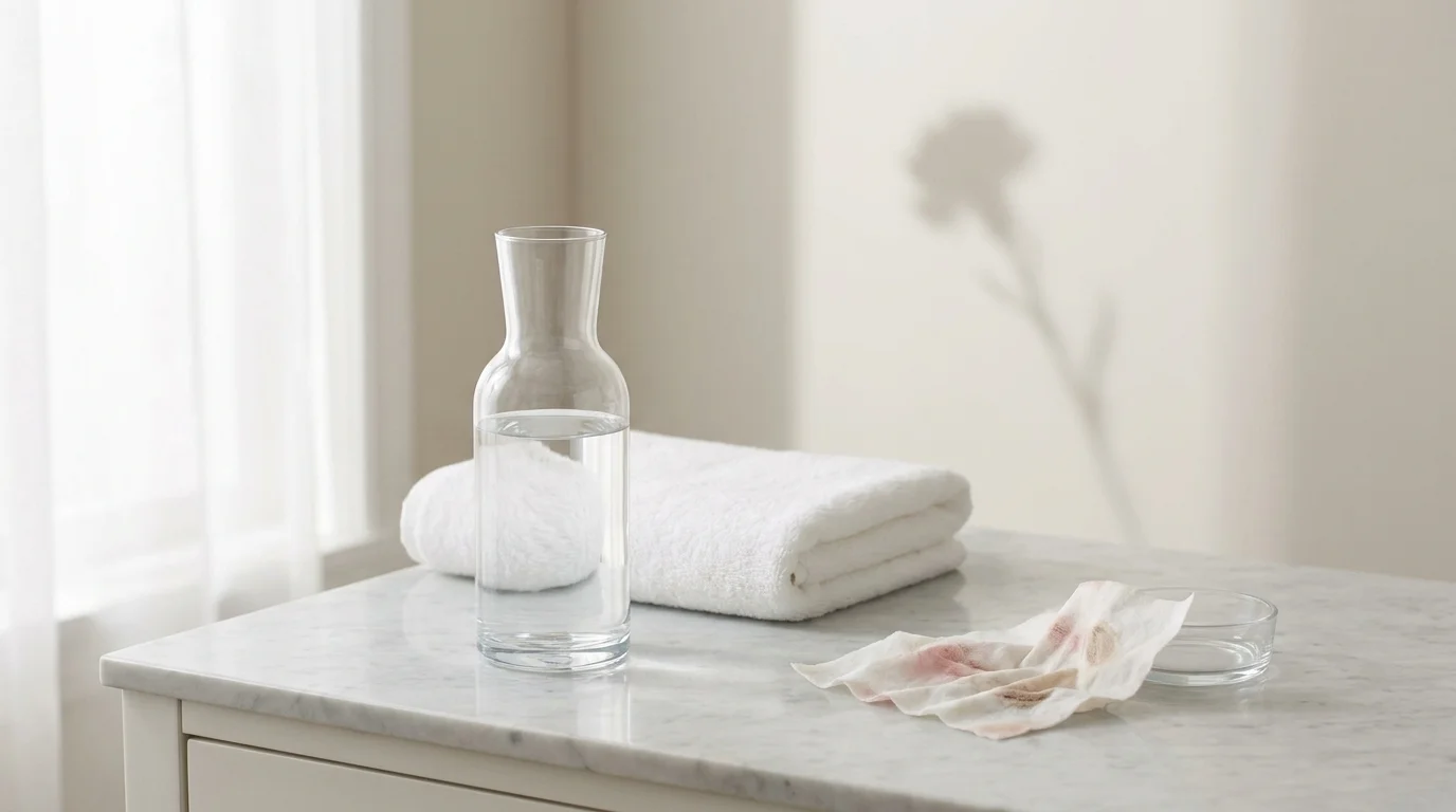 A minimalist still life photo of a white towel and makeup wipe on a marble table, representing 'stripping back' glamour.