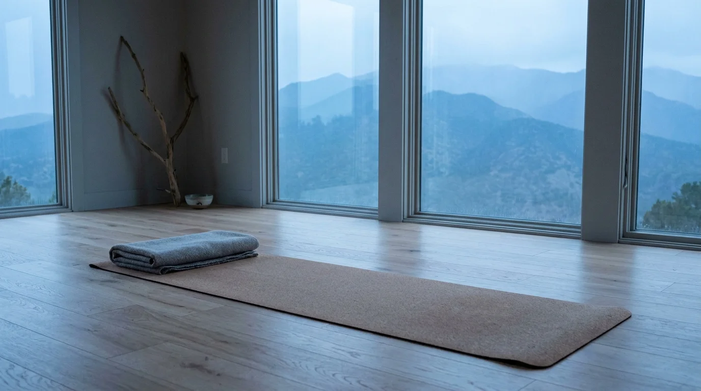 A minimalist yoga studio with a cork mat and a view of misty mountains at dawn, symbolizing peace and wellness.