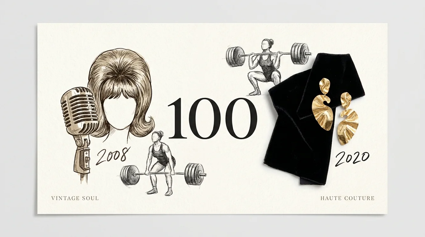 A mixed media artwork comparing 2008 vintage soul aesthetics with 2020 haute couture and the number 100.