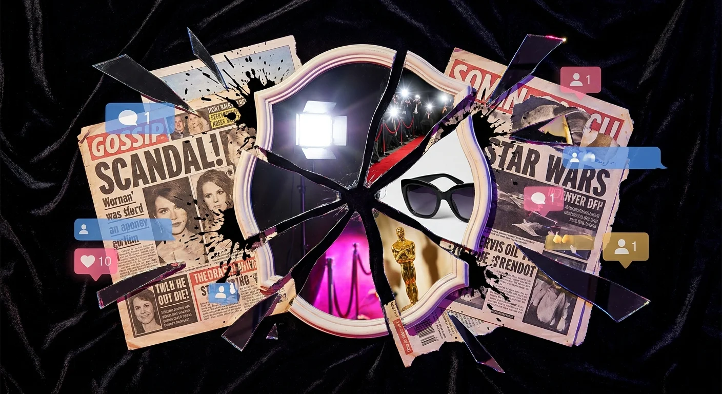 A mixed media collage featuring a shattered mirror, torn magazines, and gold accents against a dark background, symbolizing celebrity drama.