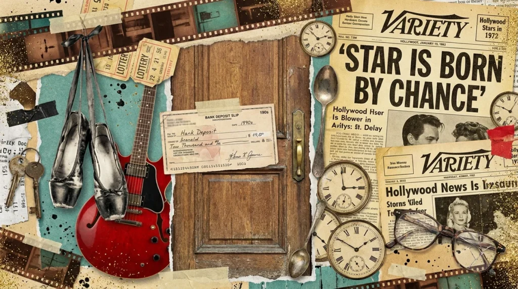 A mixed media collage featuring film strips, a wooden door, a guitar, and ballet slippers, representing accidental celebrity discoveries.