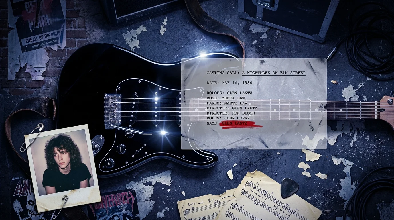 A mixed media composition of an electric guitar, a film script for A Nightmare on Elm Street, and a vintage Polaroid photo.