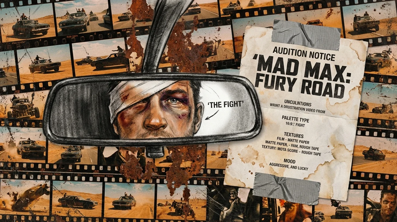 A mixed media piece showing a bruised face in a car mirror next to a Mad Max audition notice.