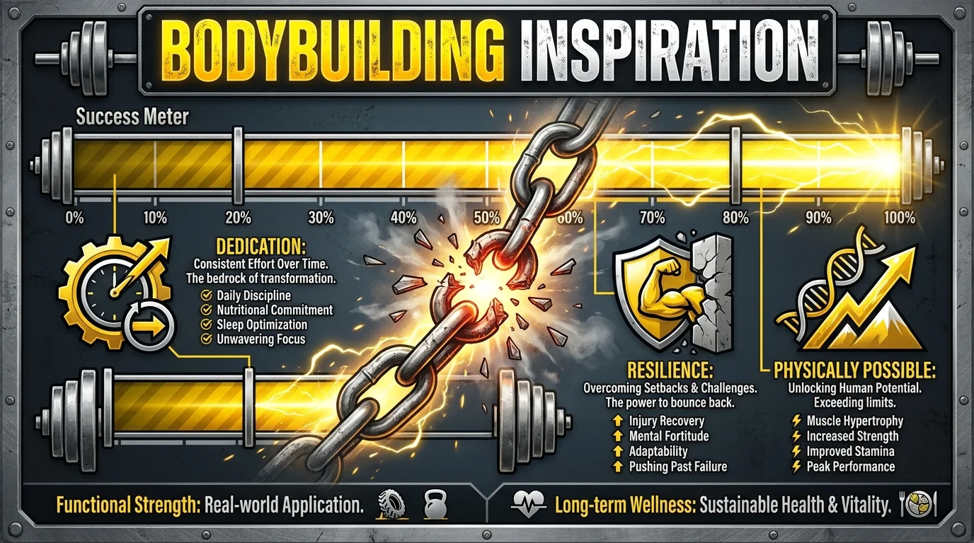 A motivational infographic with a progress bar and icons for dedication and resilience, focusing on bodybuilding.