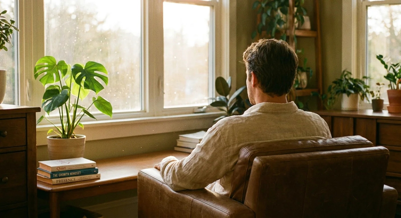 A peaceful film-style photograph of a person sitting in a sunlit room, emphasizing authenticity and personal growth.