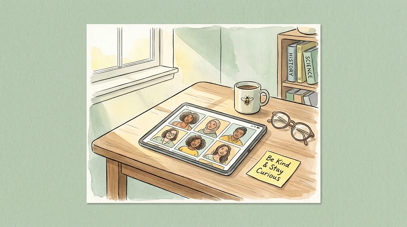 A peaceful watercolor illustration of a modern desk with a tablet showing historical figures and a note that says 'Be Kind & Stay Curious'.