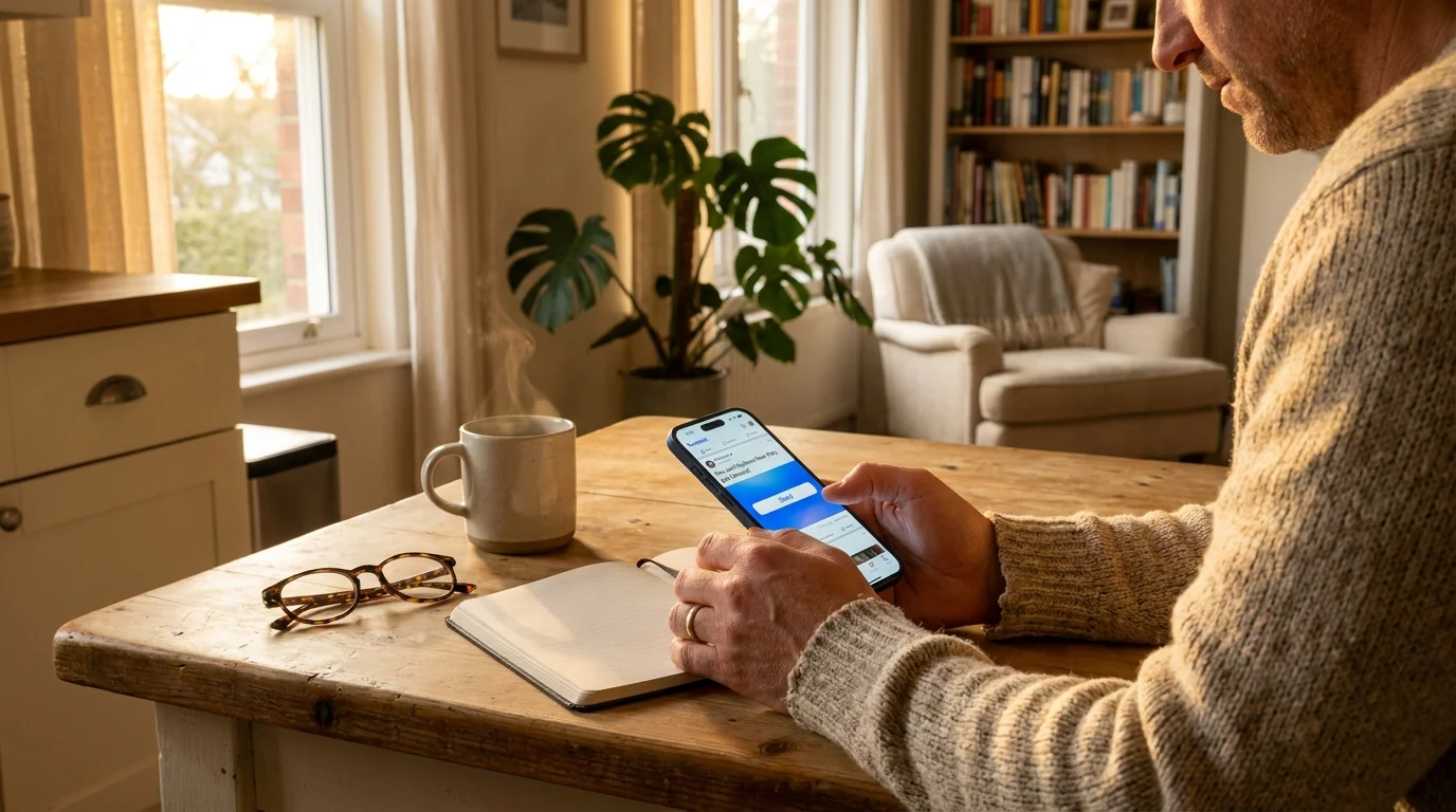 A person holding a smartphone at a kitchen table, about to share an article on social media.