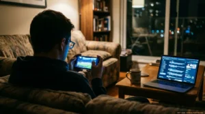 A person in a dark room illuminated by the glow of a smartphone showing a viral sports moment, captured in a cinematic 35mm film style.