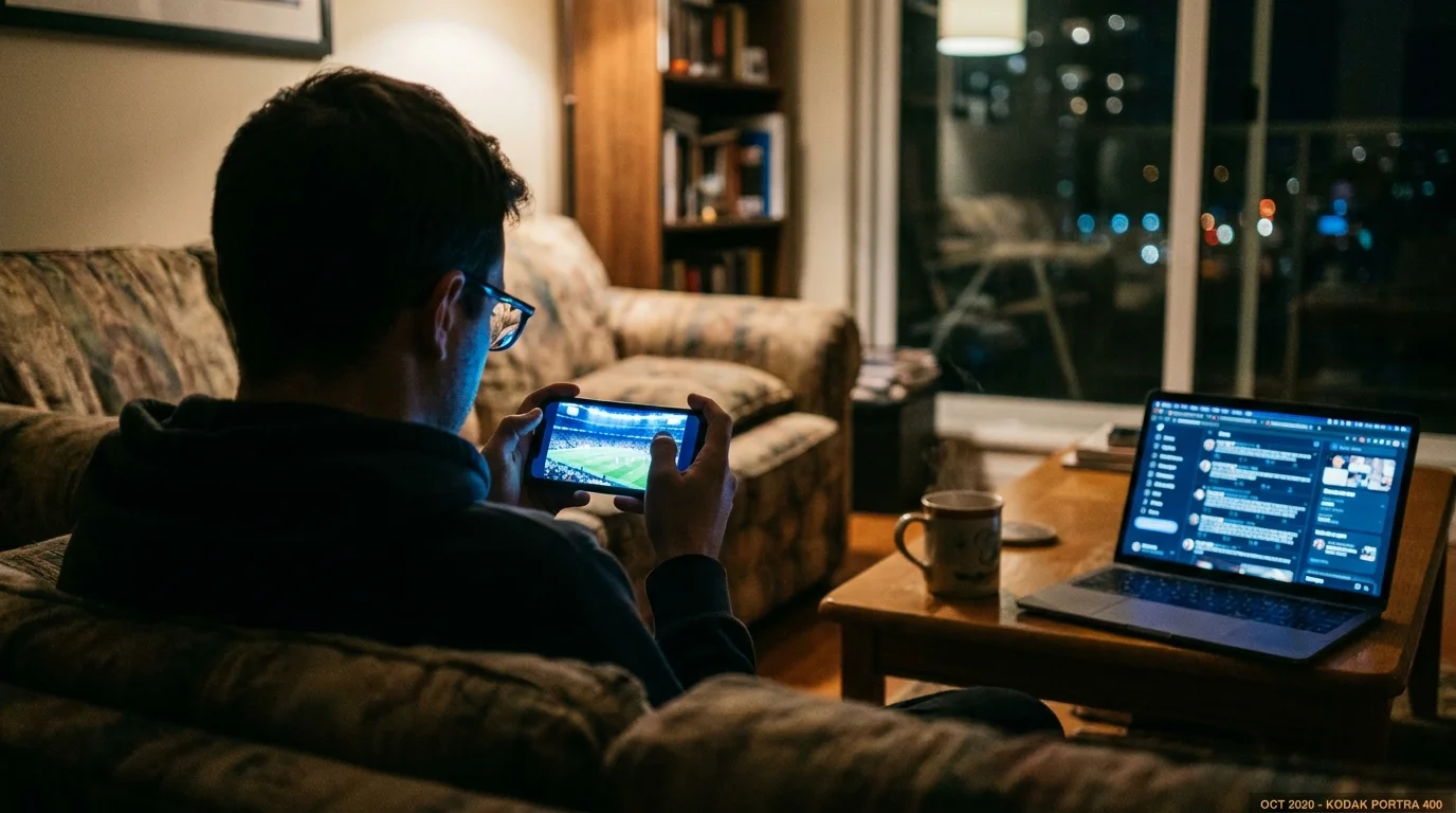 A person in a dark room illuminated by the glow of a smartphone showing a viral sports moment, captured in a cinematic 35mm film style.