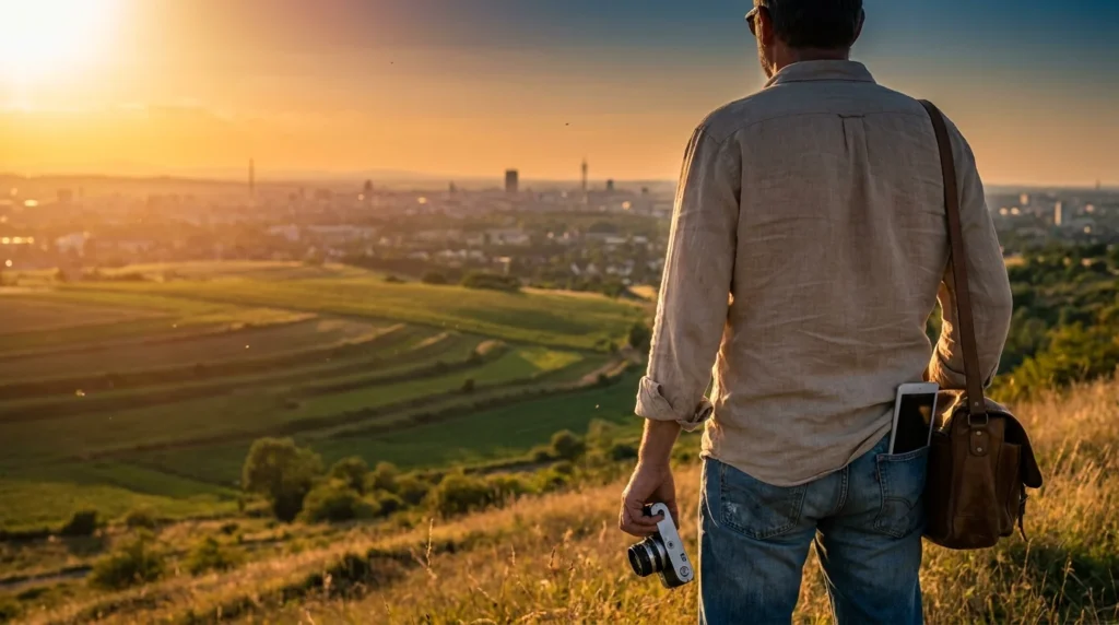 A person looking out over a landscape, symbolizing a transition from a busy city life to a peaceful, new career path.