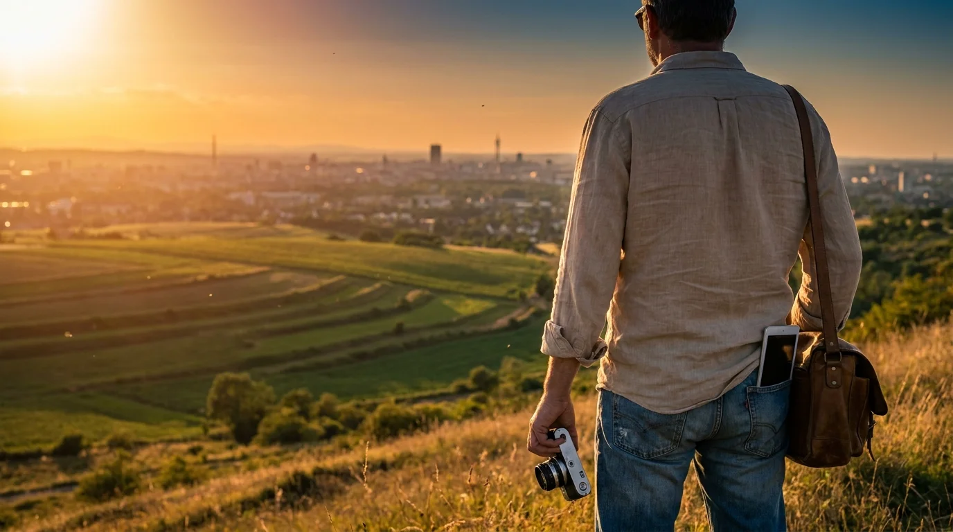 A person looking out over a landscape, symbolizing a transition from a busy city life to a peaceful, new career path.