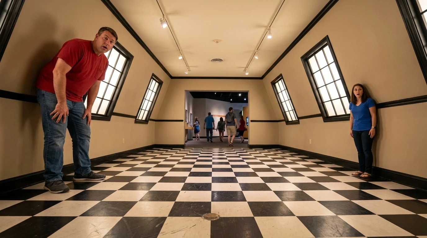 A photograph of two people in an Ames Room, where one person appears much larger than the other due to distorted perspective.