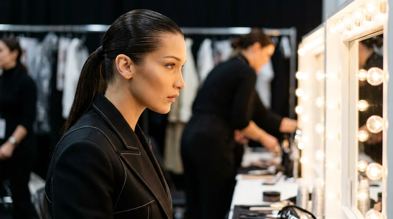 A professional editorial photo of a high-fashion model backstage, with bright vanity lighting and a sharp profile.