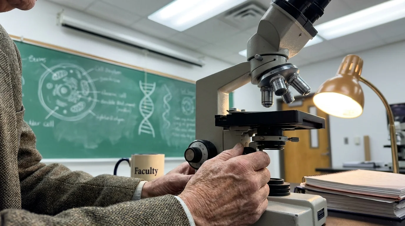 A professor's hands adjusting a microscope in a biology lab with a chalkboard full of science diagrams in the background.