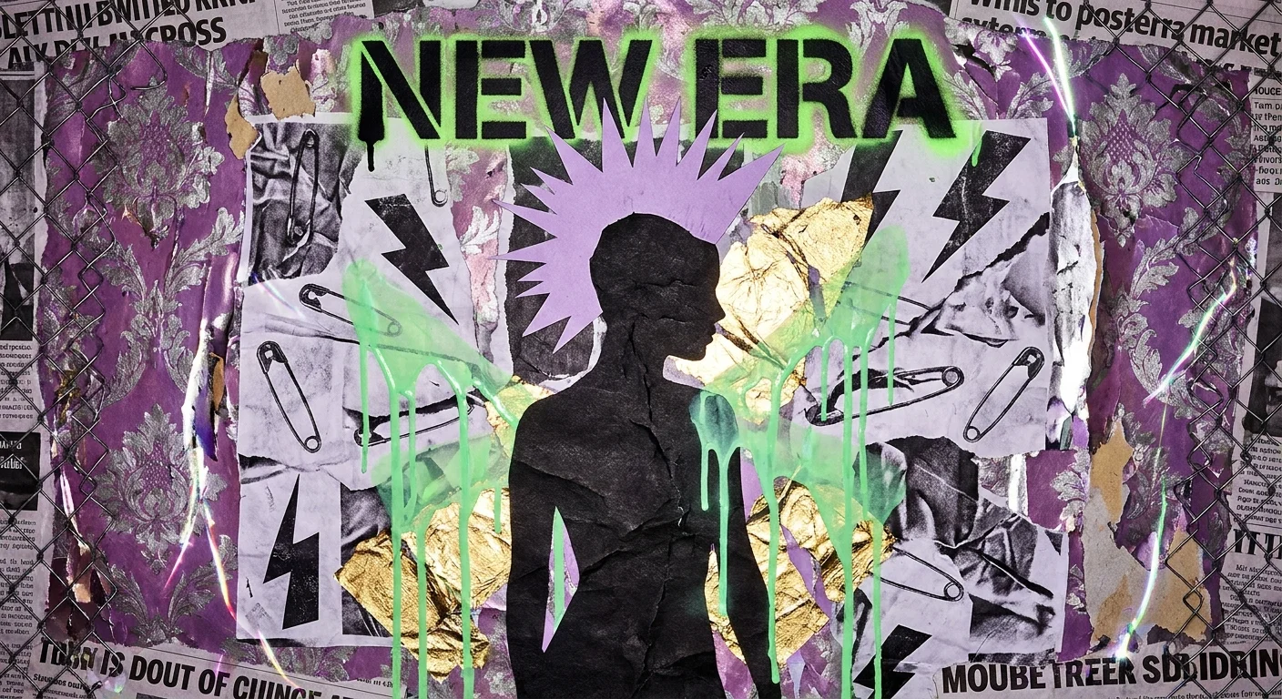 A punk-rock style collage with lavender and neon colors, featuring the text 'New Era' and rebellious symbols.