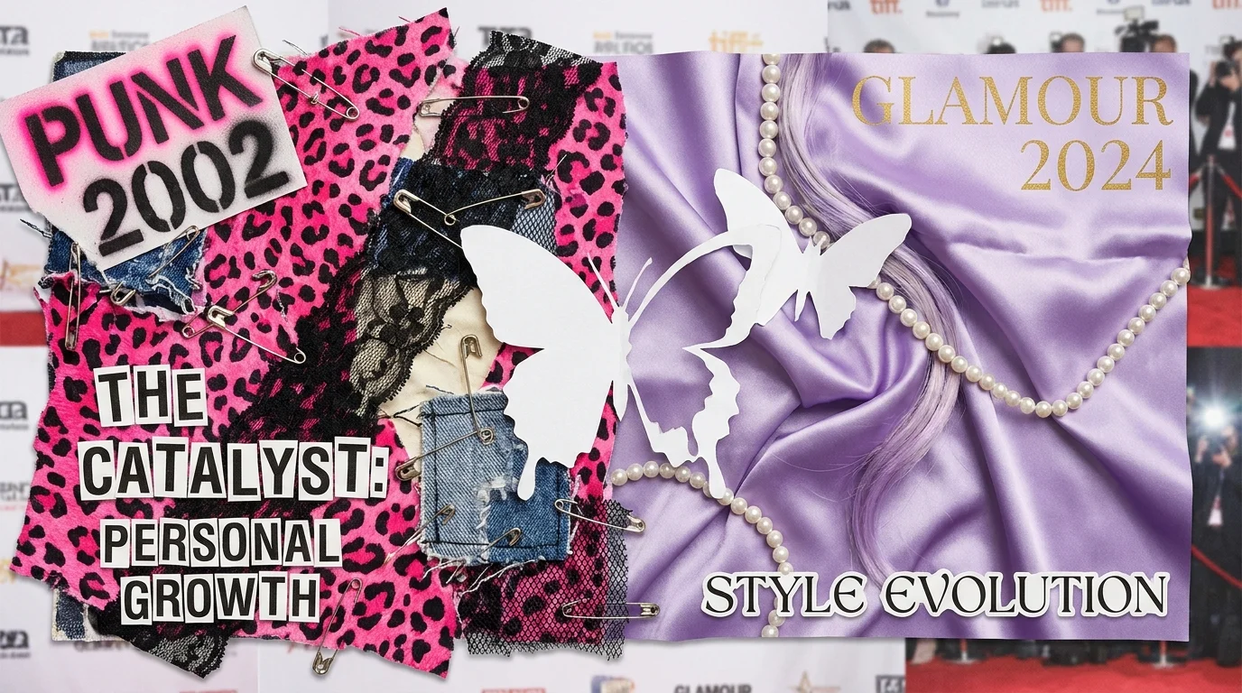 A punk-style collage comparing neon pink leopard print and safety pins to lavender satin and pearls.