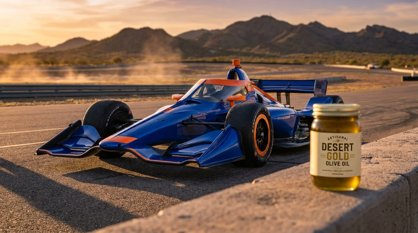 A racing car on a track with a jar of artisanal oil in the foreground, representing a dual career in racing and business.