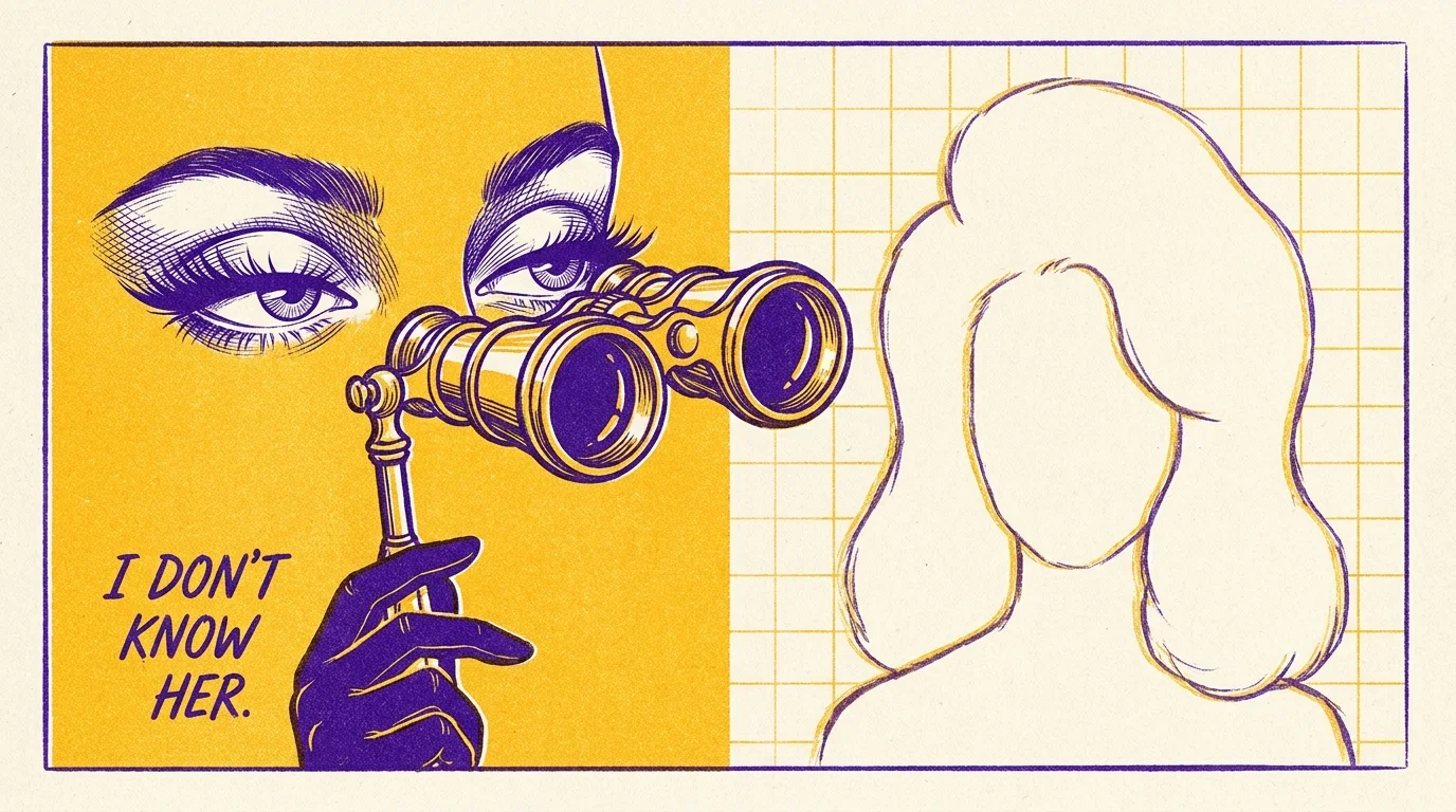 A Risograph illustration of a person looking through opera glasses at a blank silhouette, symbolizing the 'I don't know her' meme.
