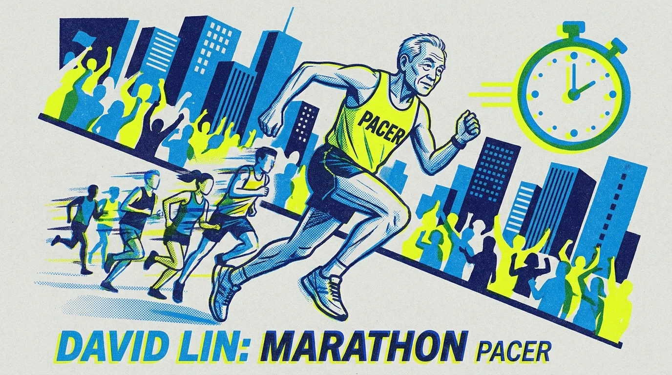 A risograph illustration of an 80-year-old man pacing a group of younger runners in a marathon.