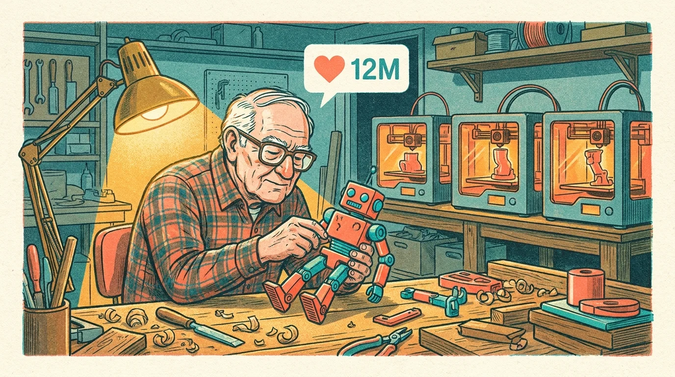 A risograph illustration of an elderly man in a workshop assembling colorful 3D-printed toys for children.